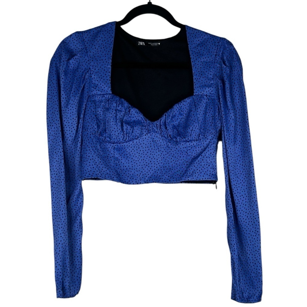 Zara Blue & Black Polka Dot Y2K Goth Whimsigoth Cropped Long Sleeve‎ Top Small